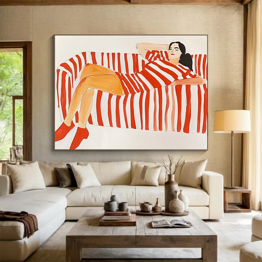 Figure on Striped Sofa in Red and White ABS089