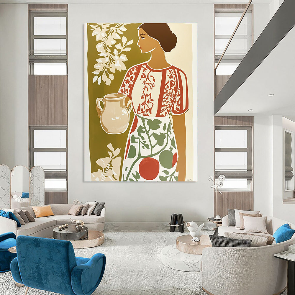 Woman with Jug Folk - Inspired Abstract Painting for Rustic Spaces GAB1460