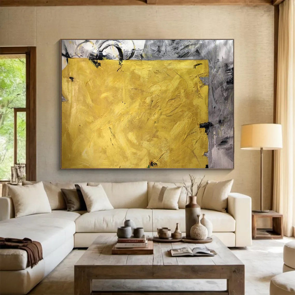 Bold Yellow Block Abstract Painting for High - Energy Spaces YHT153