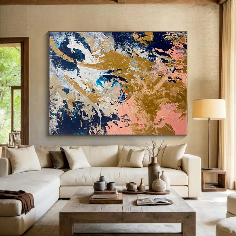 Navy - Gold - Pink Abstract Painting for Luxe Cocktail Lounges YHT381