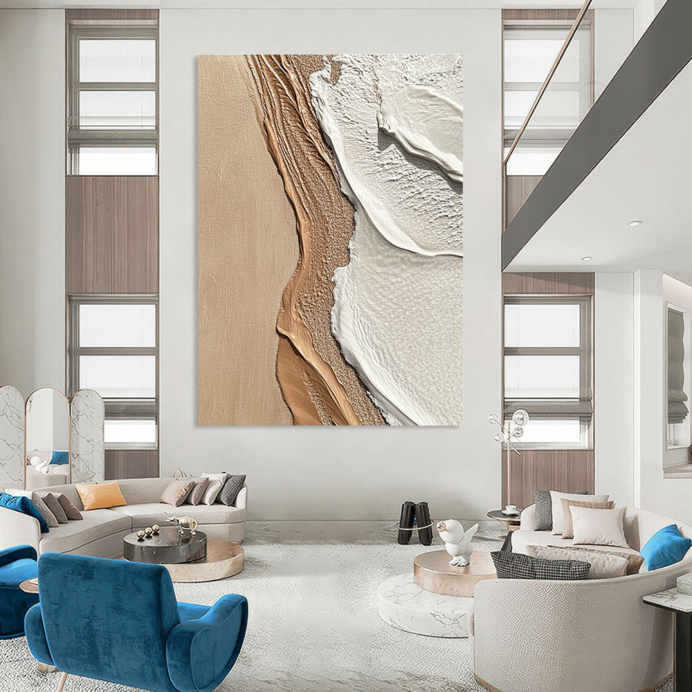 Beige and White Textured Shore Abstract Painting with Coastal Vibes GAB0067