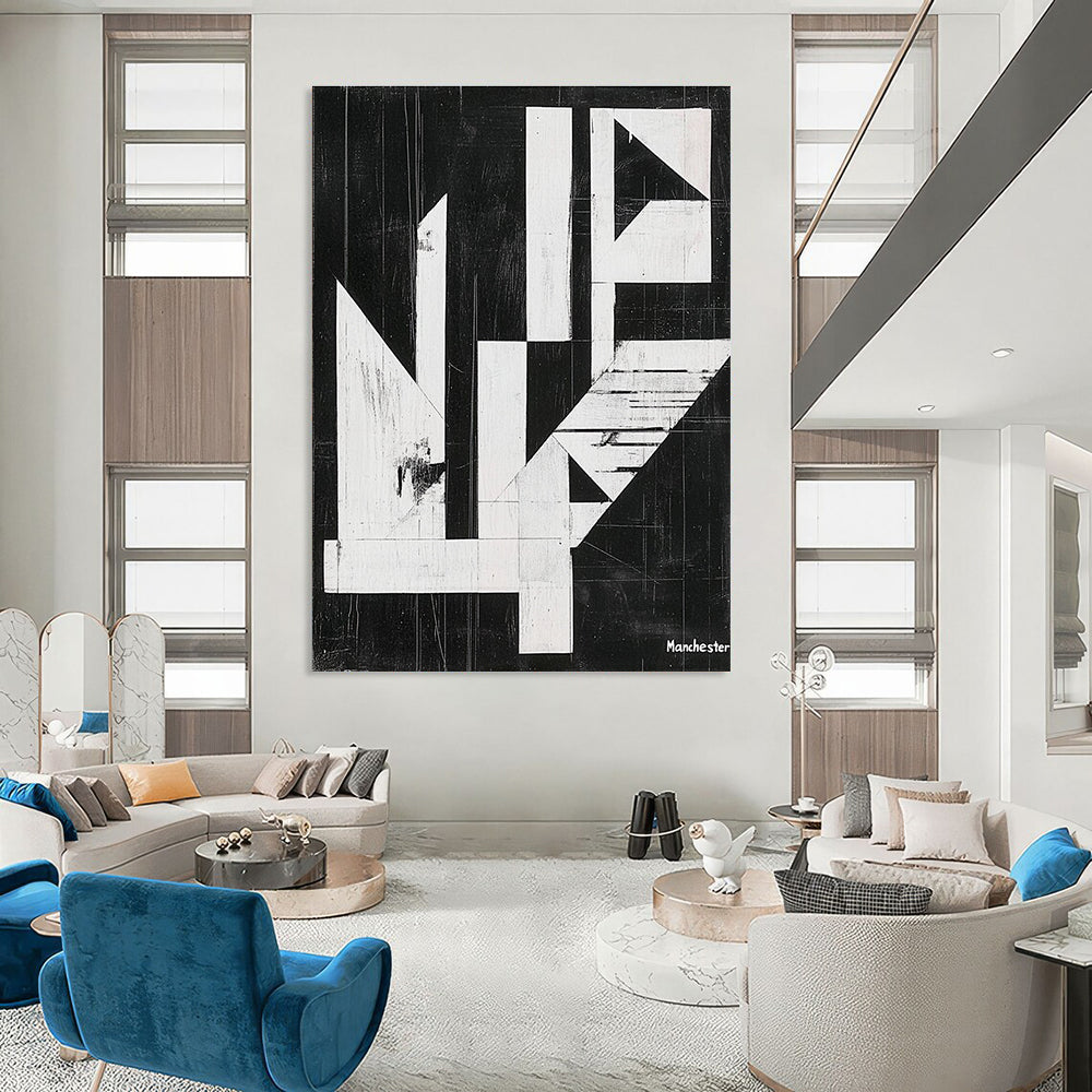 Geometric Black and White Abstract Painting of Architectural Form GAB0197