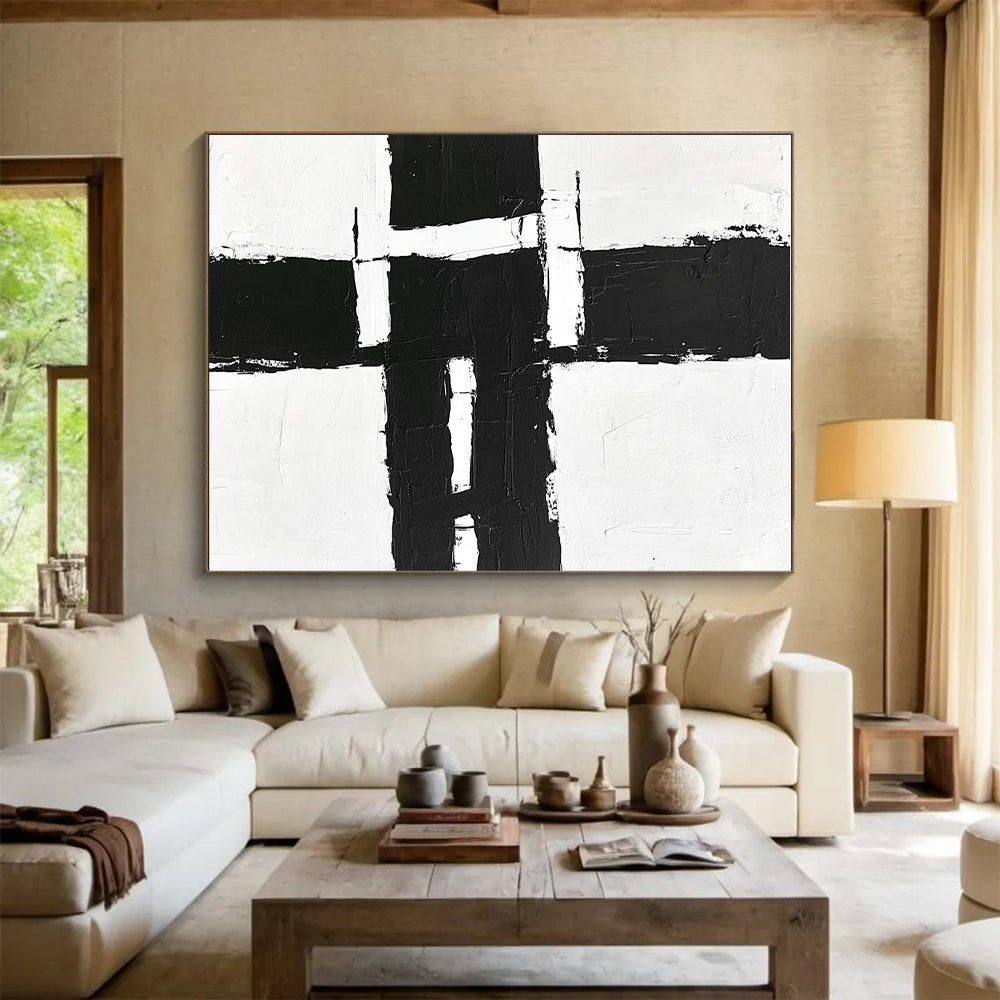 Geometric Black and White Abstract Painting with Structured Clarity WINK348