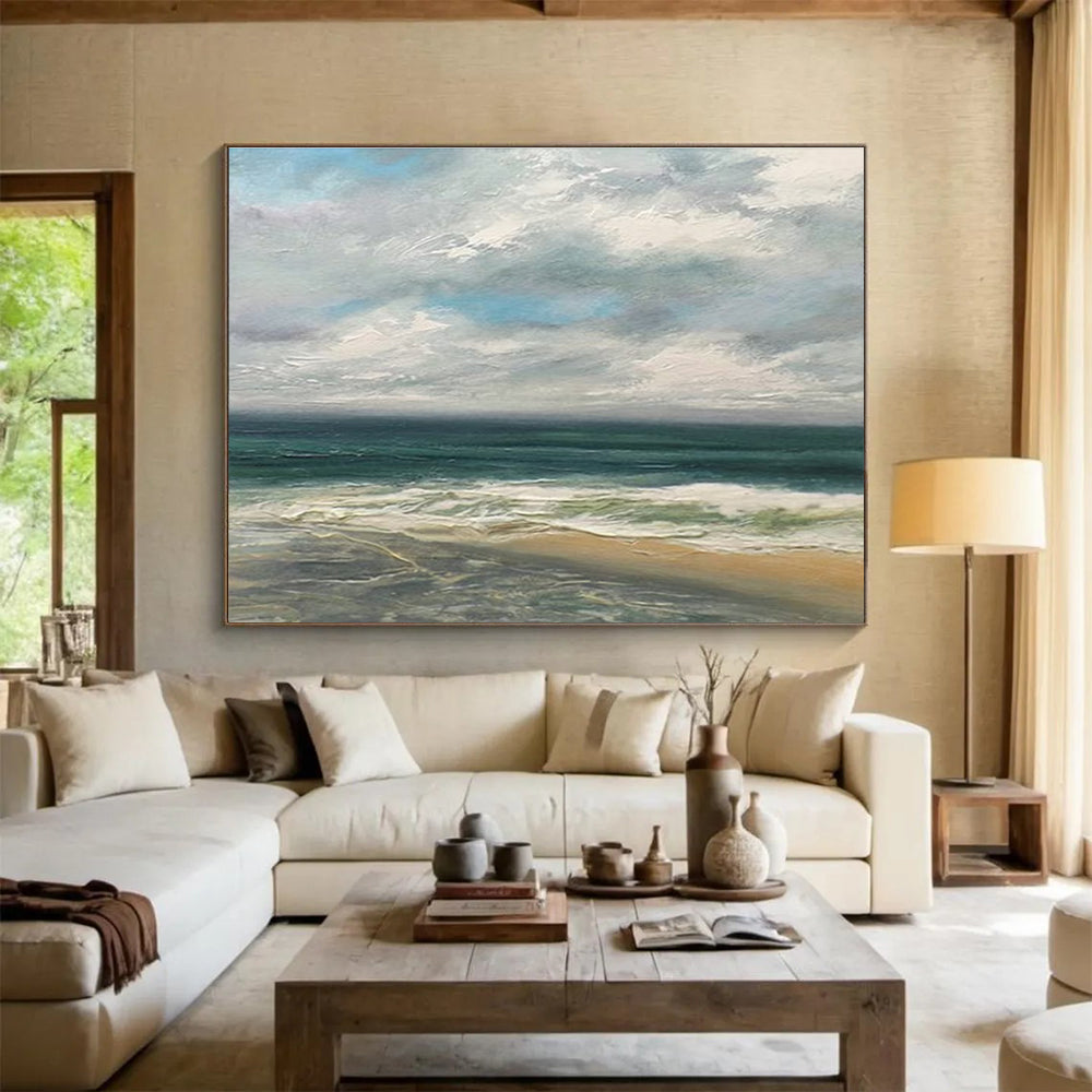 Cloudy Beach Scene Seascape Abstract Painting for Coastal Vibes YHT020