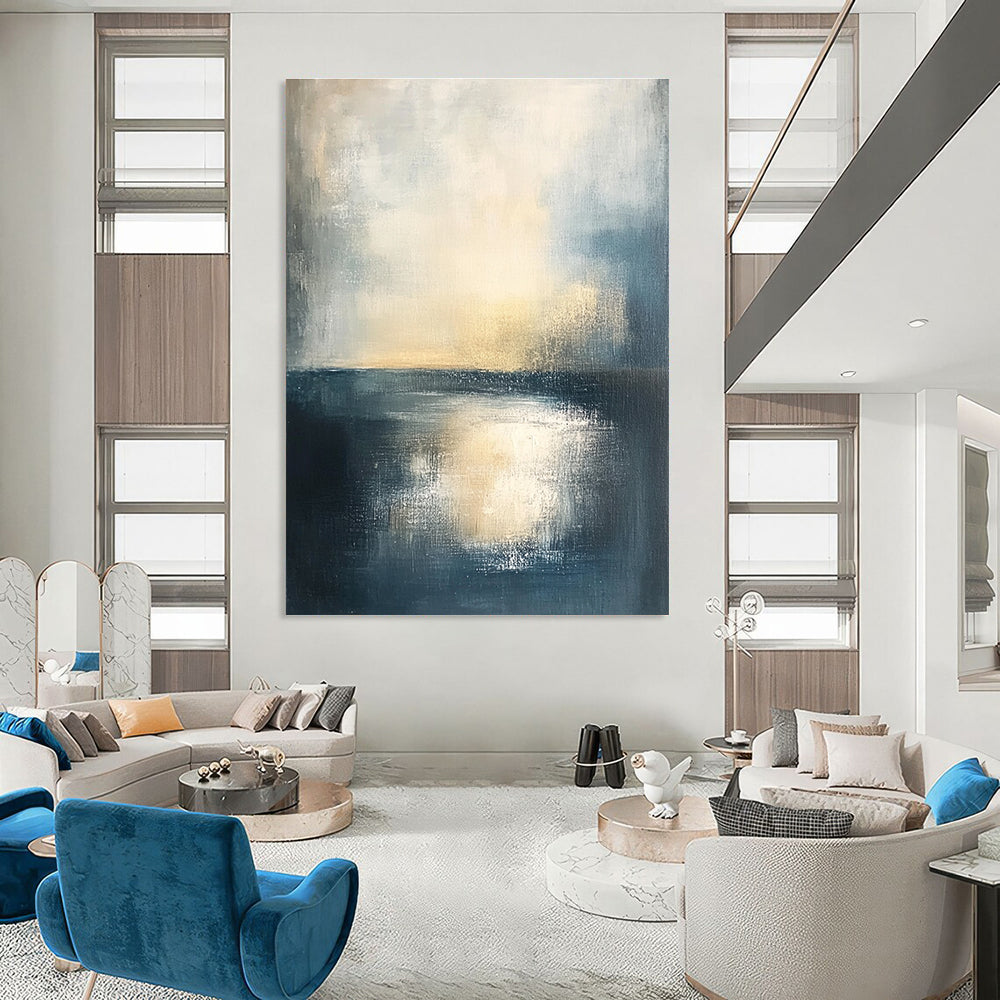 Serene Blue - Gold Sea Abstract Painting: Coastal Sunset Tranquility GAB0957