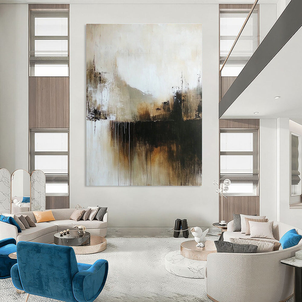 Beige and Black Drip Abstract Painting for Industrial - Styled Lofts GAB1094
