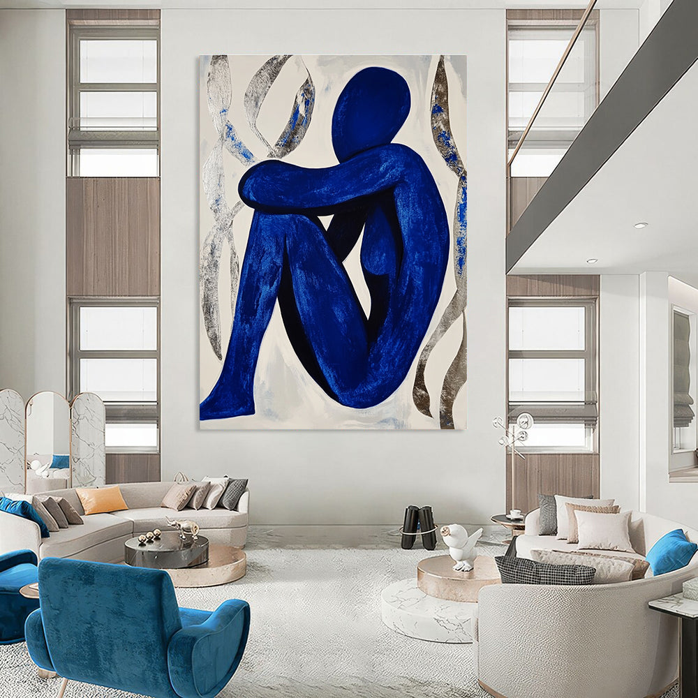 Blue Figure in Contemplation Abstract Painting with Silver Accents GAB0041