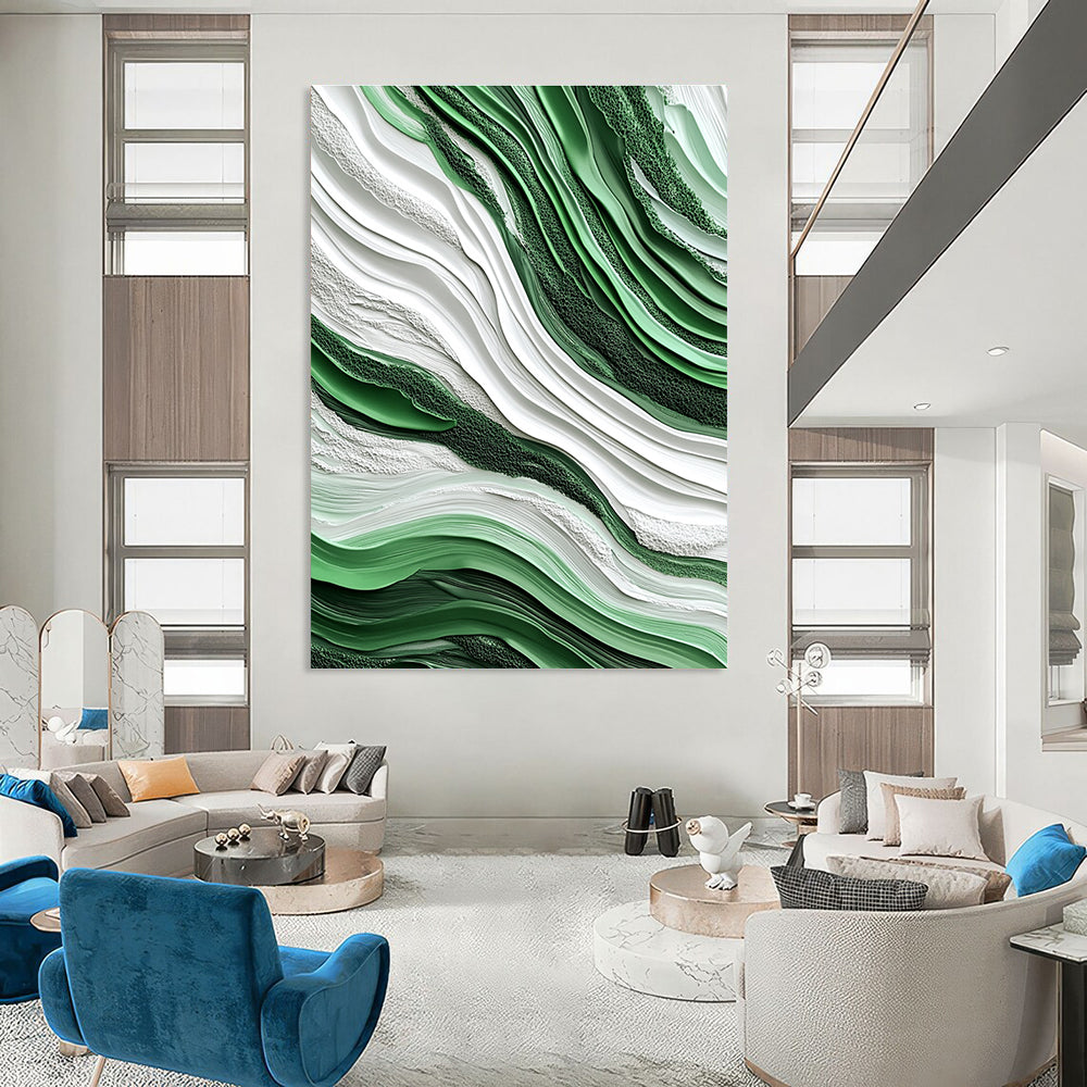 Green and White Wave - Shaped Abstract Painting for Nature - Lover’s Bedrooms GAB0921
