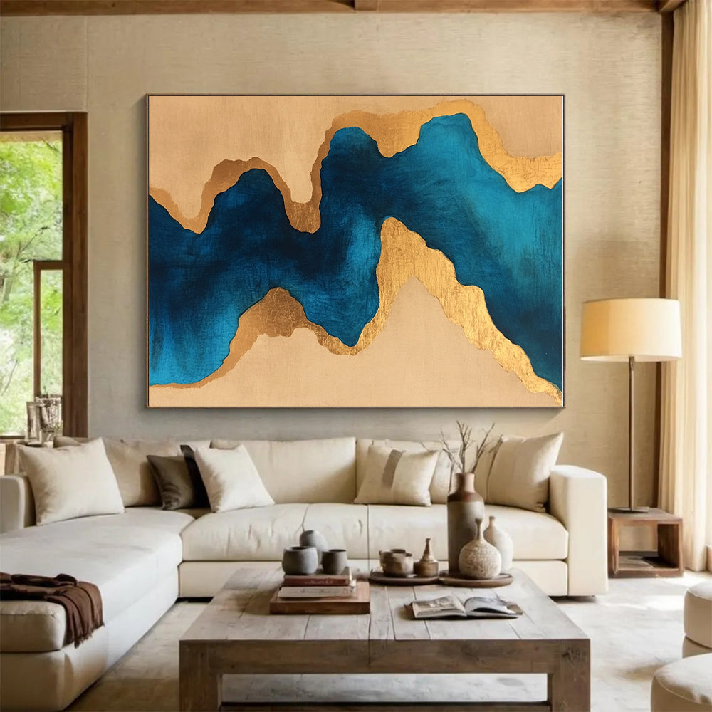 Blue and Gold Fluid Shapes Abstract Painting with Luxurious Flow WINK234