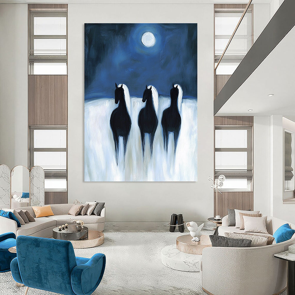 Horses Under Moon Serene Abstract Painting for Nature - Inspired Spaces GAB1490