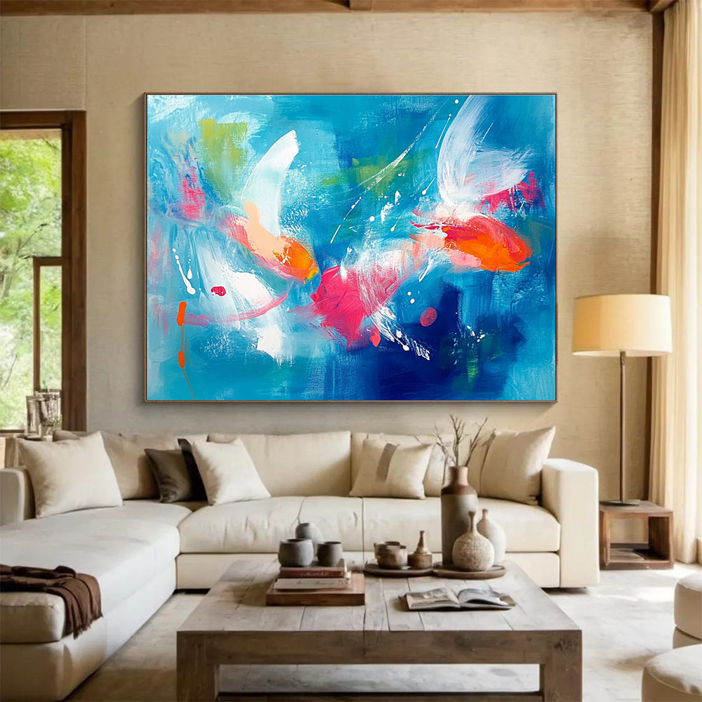 Koi Fish in Blue Abstract Painting with Energetic, Aquatic Beauty ABS466