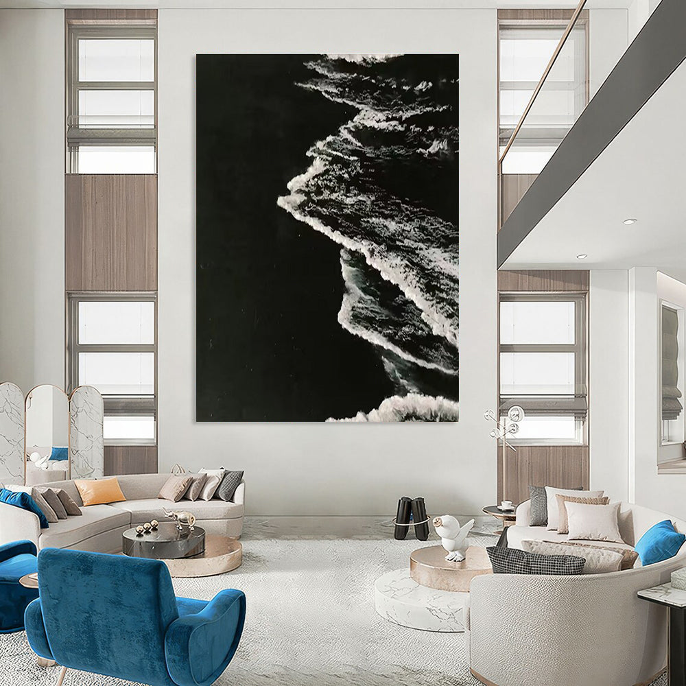 Black and White Ocean Wave Abstract Painting for Monochrome - Themed Spaces HENG349