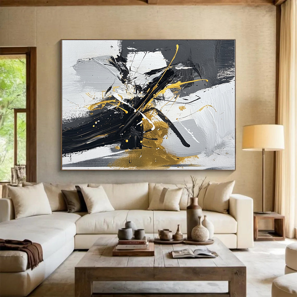 Black White and Gold Splash Abstract Painting with Dynamic Luxury WINK020
