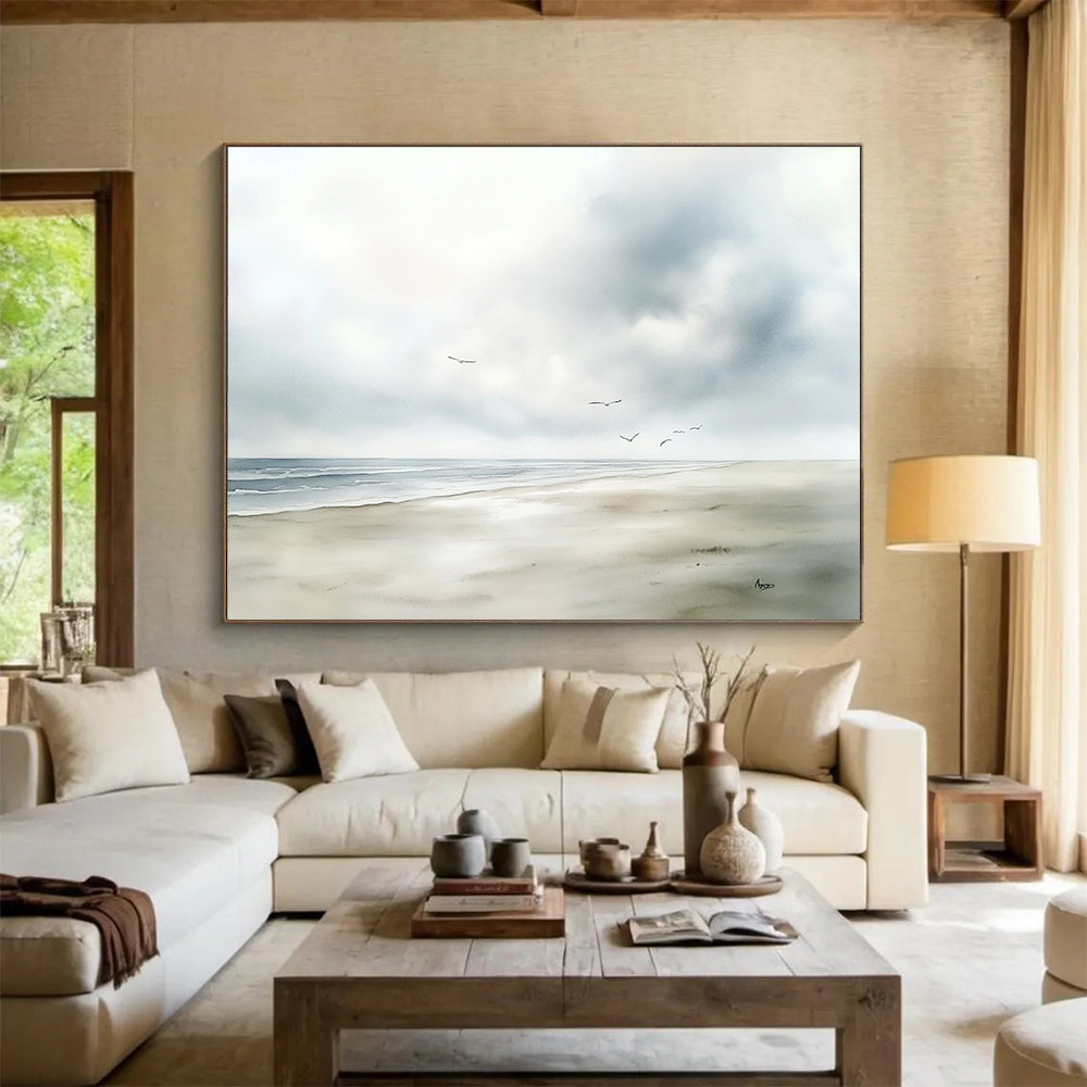 Seaside with Flying Birds Abstract Painting with Tranquil Serenity ABS613
