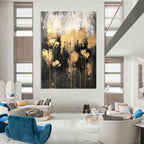 Dark - Toned Abstract Flower Painting with Golden Blooms GAB0667