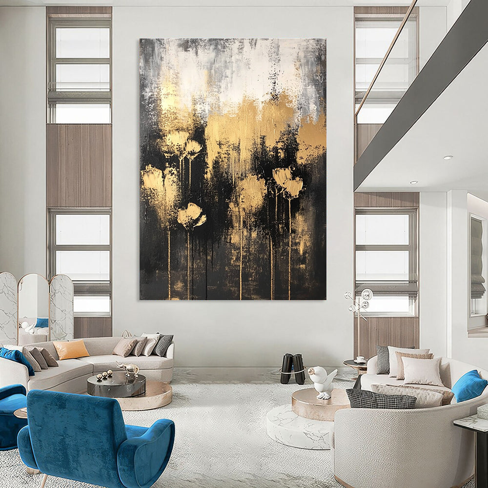 Dark - Toned Abstract Flower Painting with Golden Blooms GAB0667