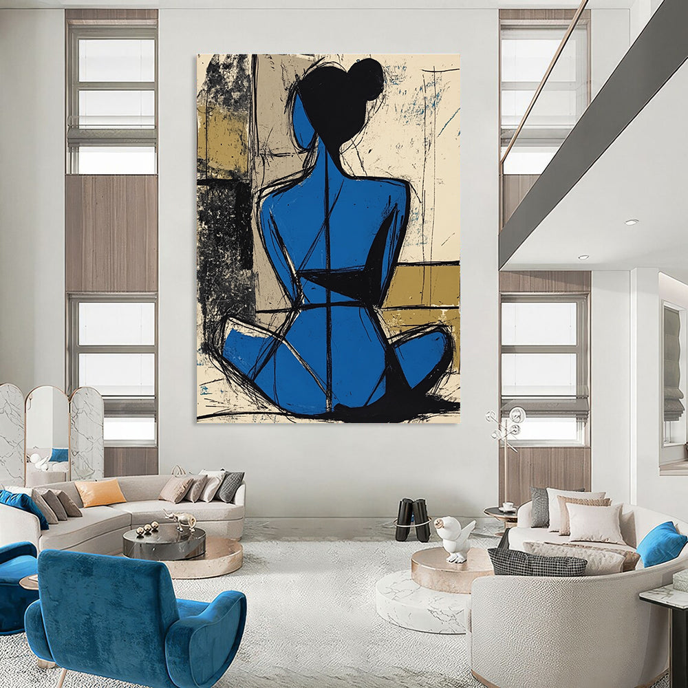 Blue Figure Silhouette Abstract Painting of Graceful Form GAB0116
