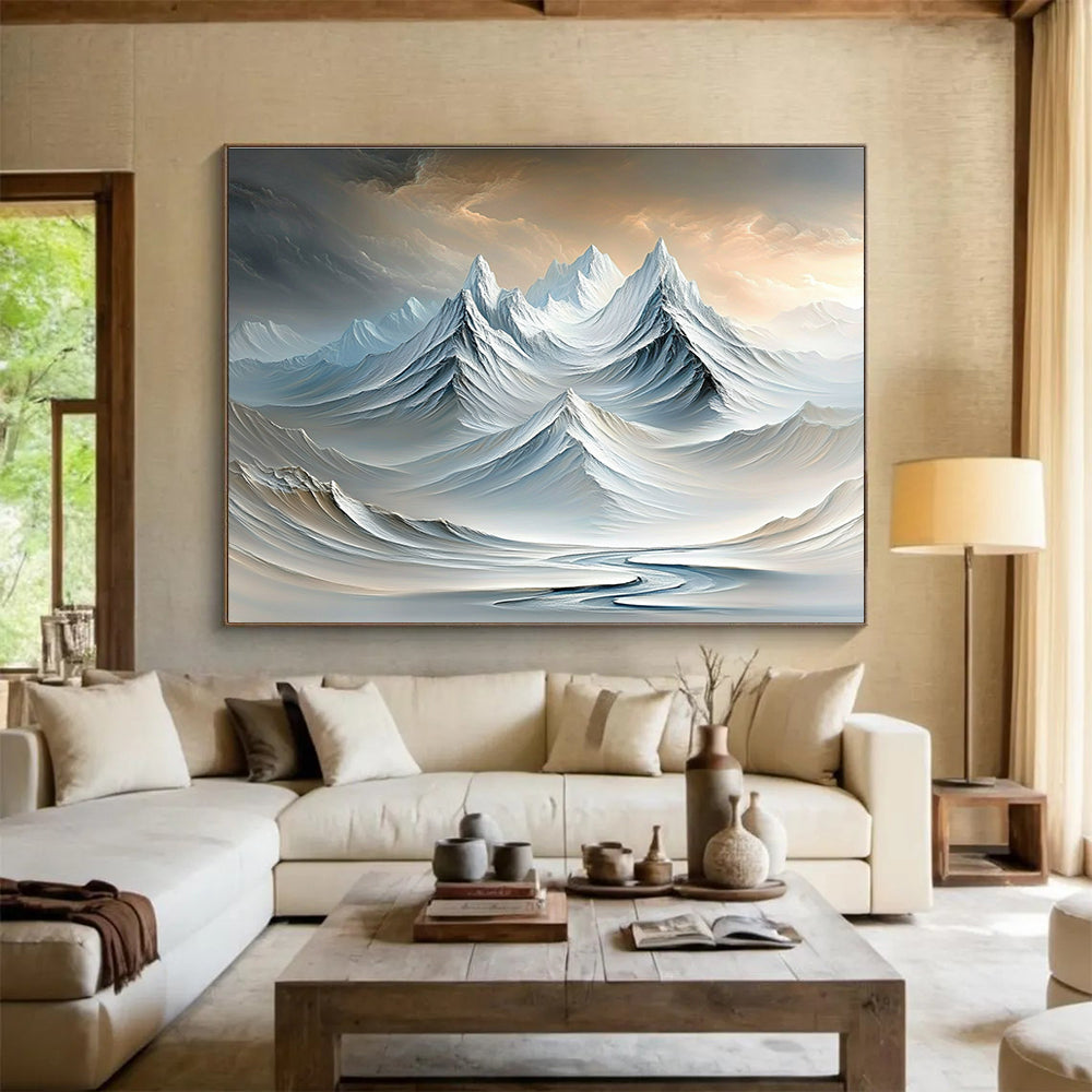Surreal Snowy Mountain Range Abstract Painting with Dreamlike Beauty ABS609
