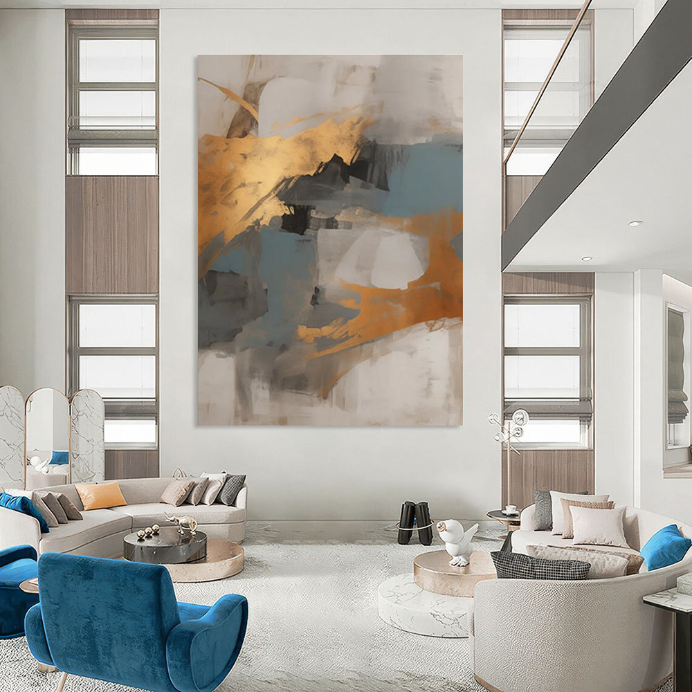 Gray - Gold - Blue Abstract Painting for Sophisticated Office Lounges HENG136