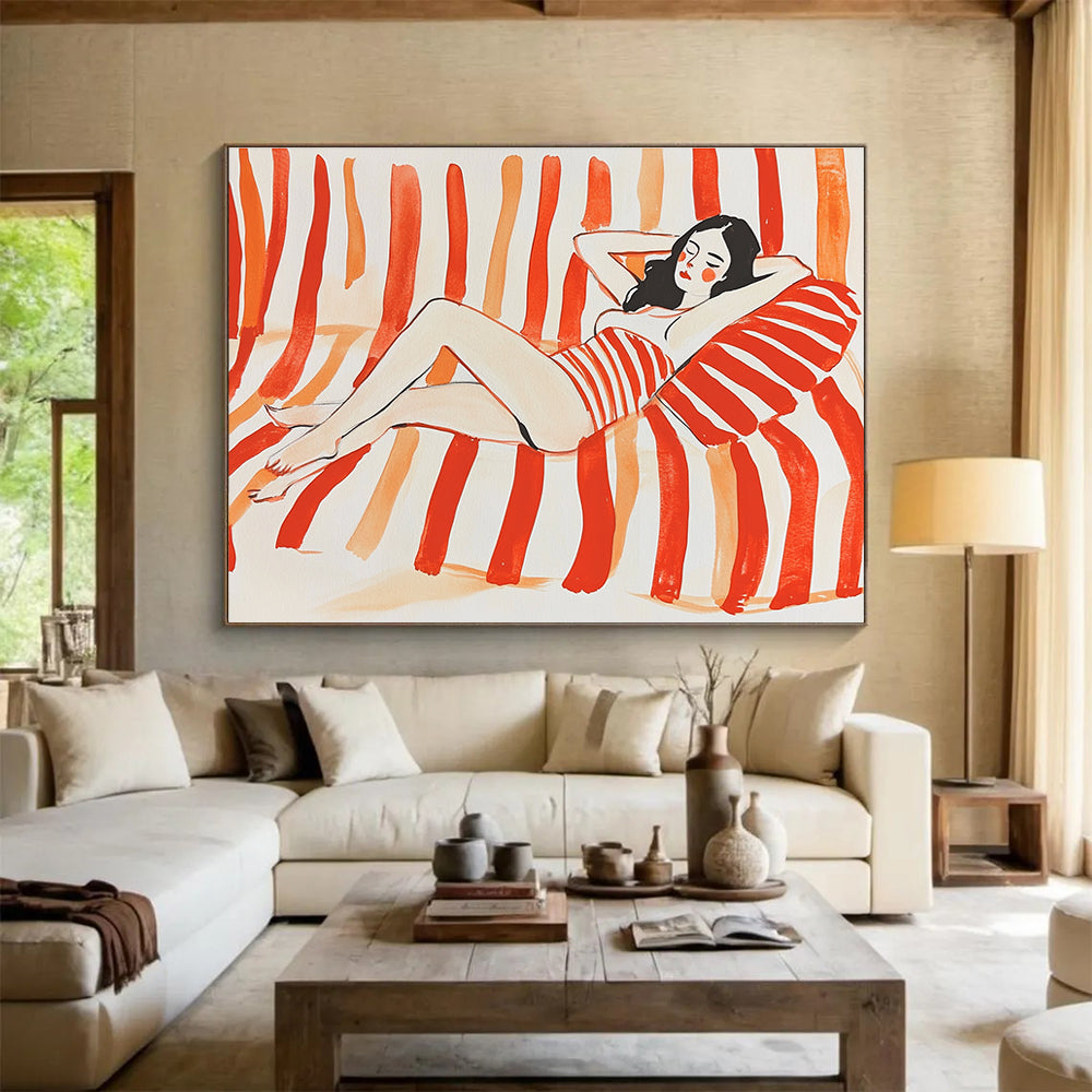 Relaxed Woman on Stripes: Carefree Summer Vibes Abstract Painting ABS164