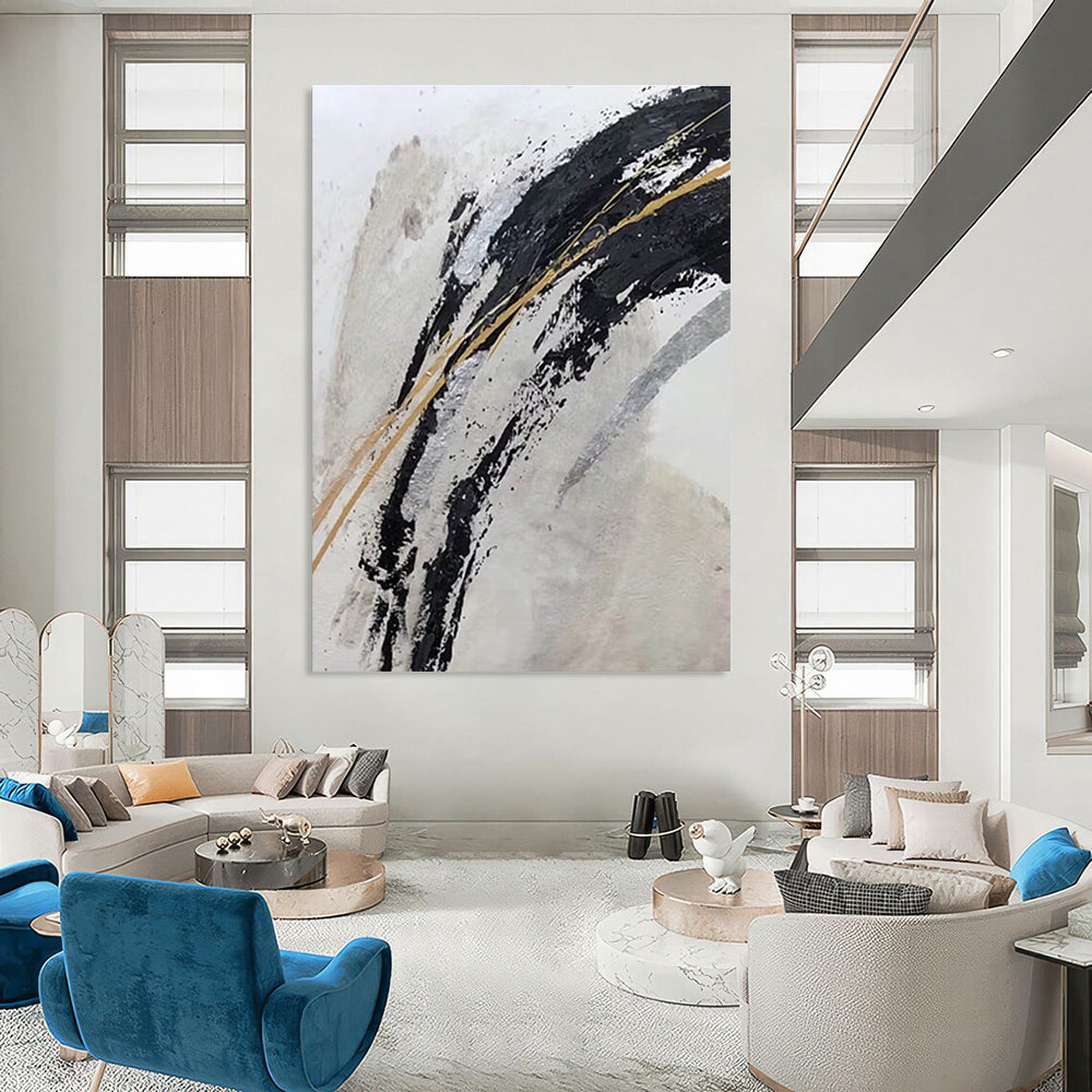 Luxurious Black - Gold Abstract Strokes Painting for Opulent Spaces HENG249
