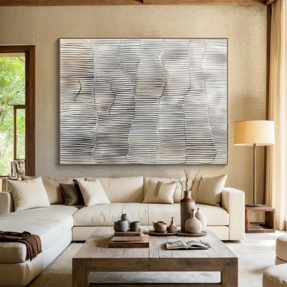 Silver and Gray Wavy Lines Abstract Painting with Subtle Rhythm WINK105