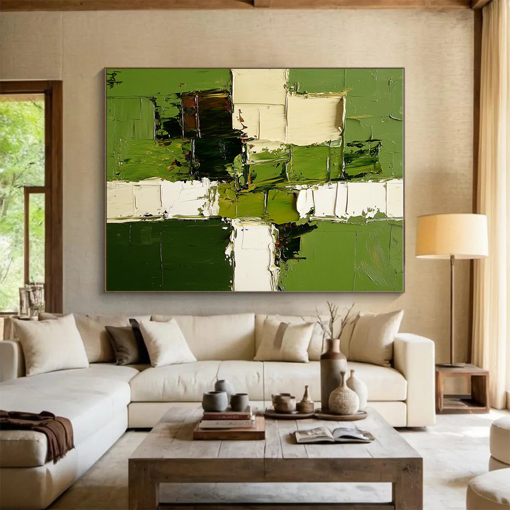 Green White Brown Abstract Painting with Lush Forest Inspirations WINK478