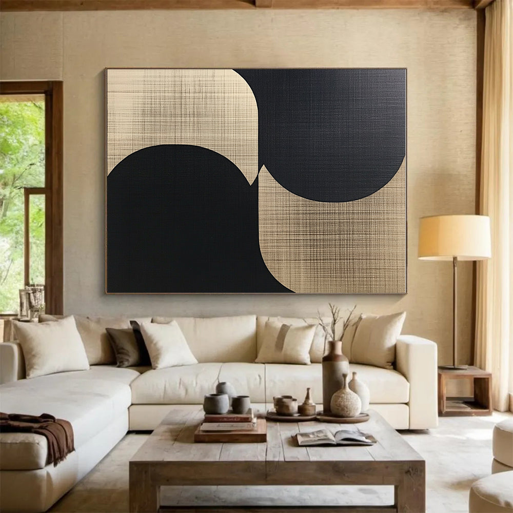 Circular Beige and Black Abstract Painting with Subtle Textures WINK839