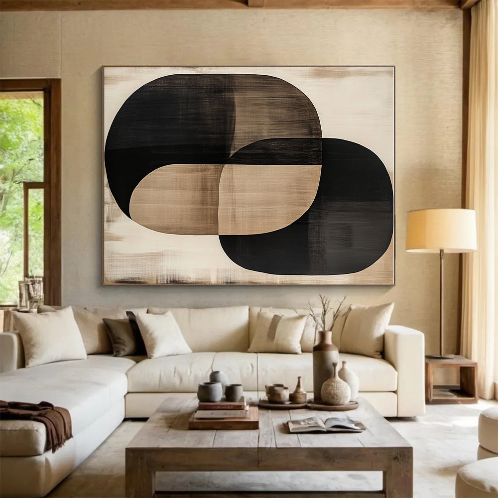 Overlapping Black and Beige Ovals Abstract Painting with Subtle Layers WINK244