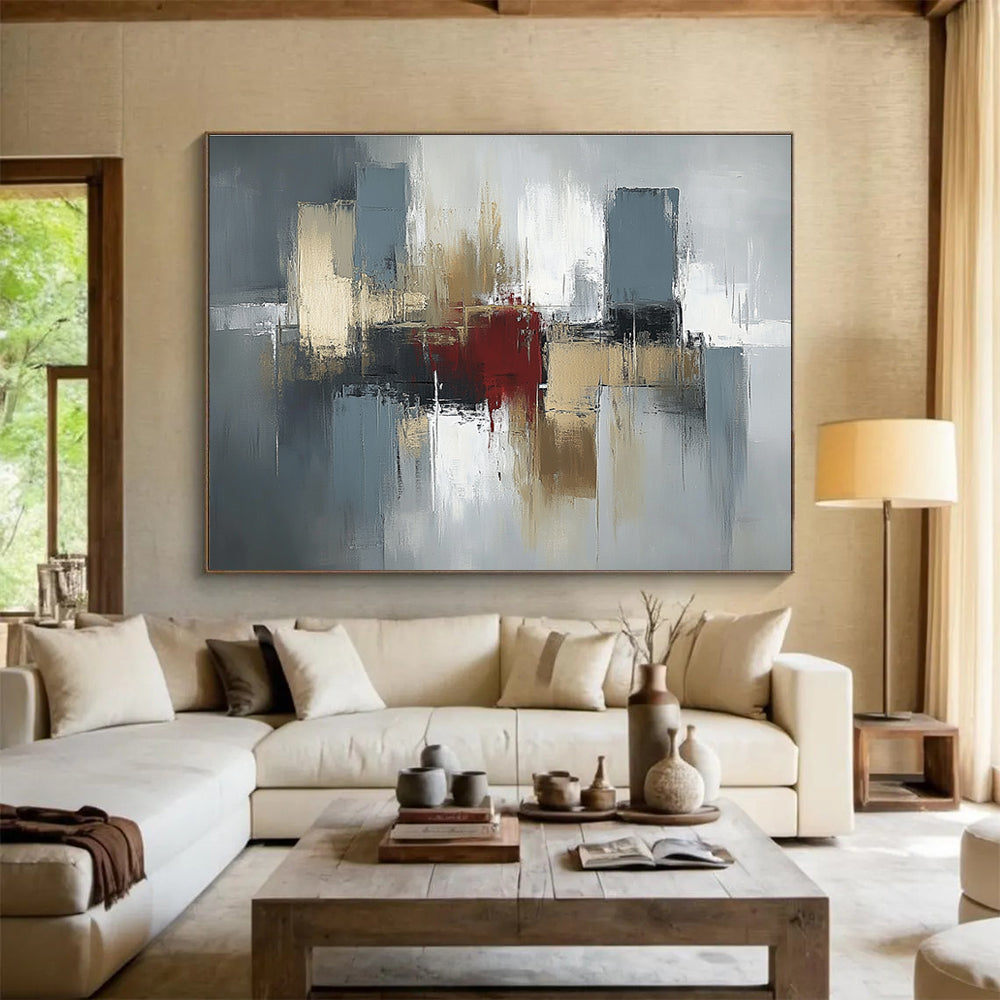 Gray, Gold and Red Abstract Cityscape Painting with Urban Energy ABS403