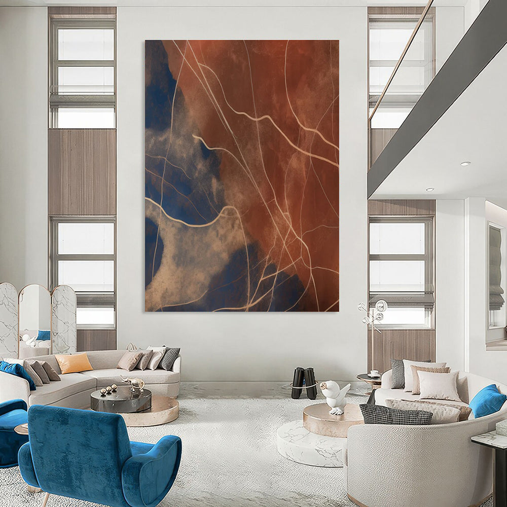 Brown - Blue Line Abstract Painting for Modern Living Rooms HENG120