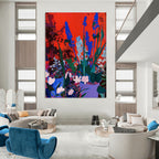 Blue Flowers on Red Abstract Painting for Bold Home Interiors HENG100