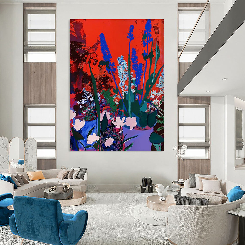 Blue Flowers on Red Abstract Painting for Bold Home Interiors HENG100