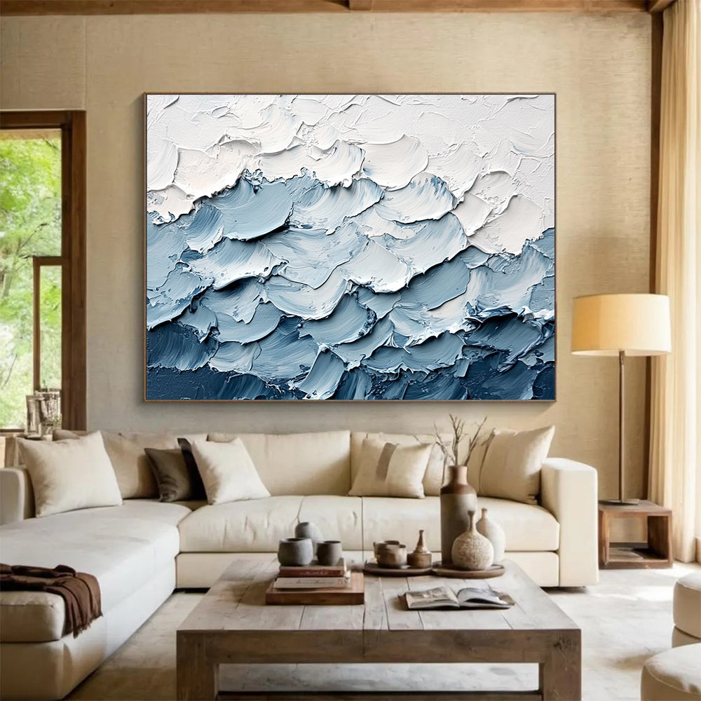 Textured Blue and White Waves with Thick Impasto Abstract Painting ABS364