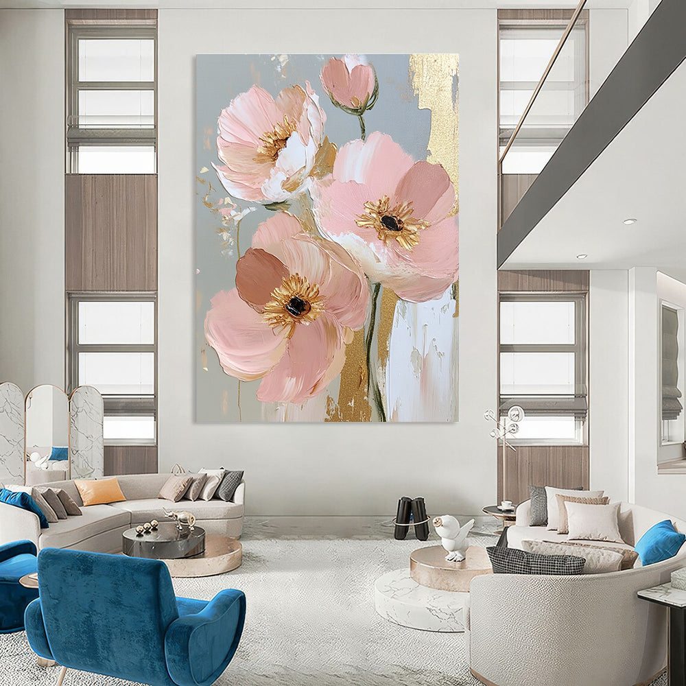 Pink Flowers with Gold Accents Elegant Abstract Painting for Sophisticated Interiors GAB1421