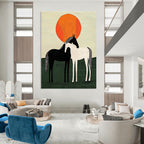 Two Horses Under Orange Sun Abstract Painting for Rustic Home Decor GAB1371