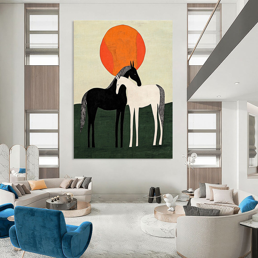 Two Horses Under Orange Sun Abstract Painting for Rustic Home Decor GAB1371