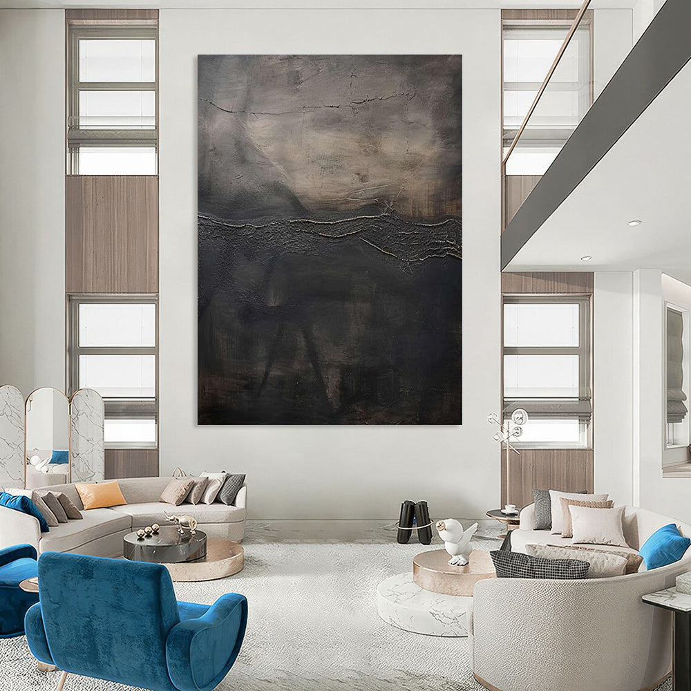 Textured Dark Abstract Landscape Painting for Avant - Garde Art Spaces HENG515