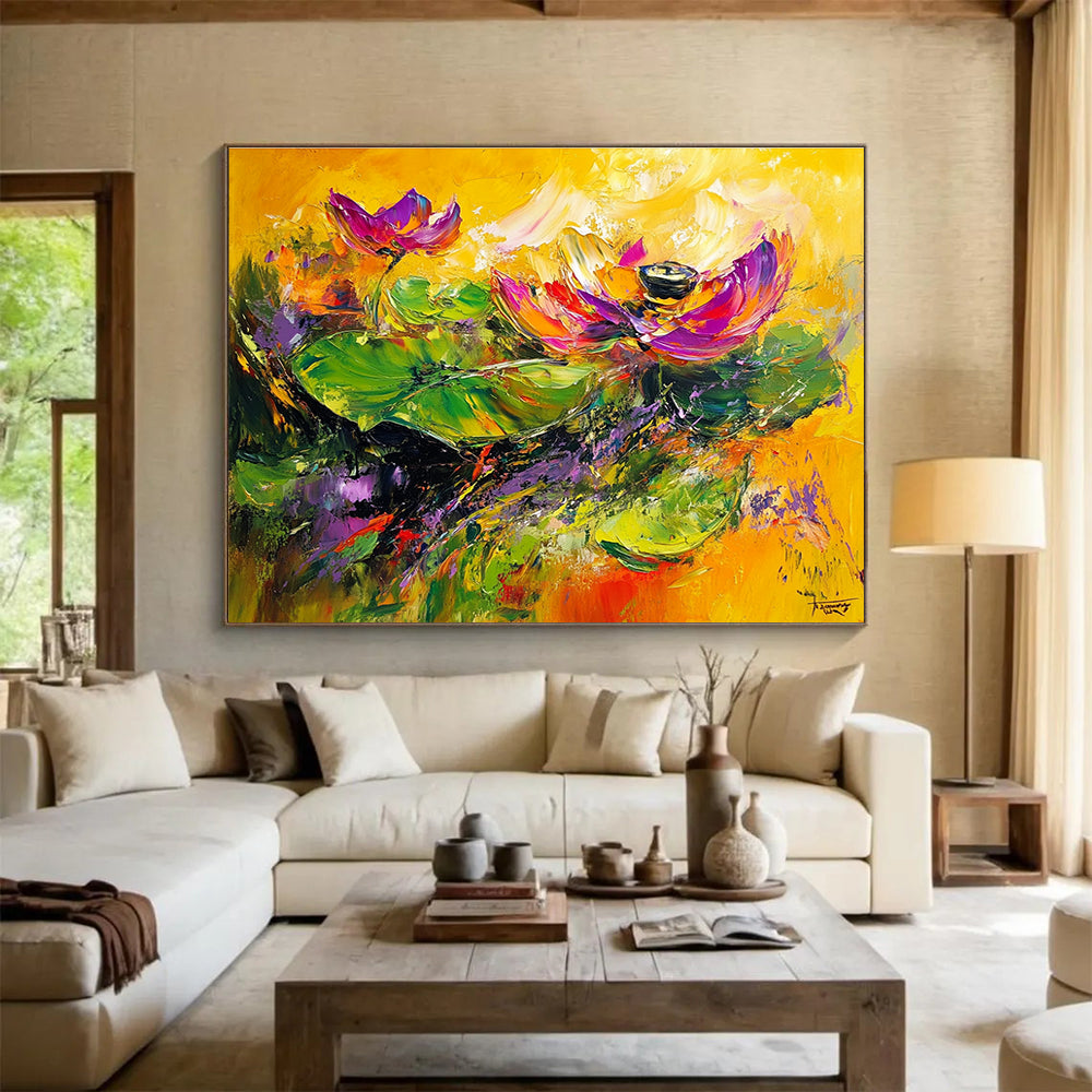 Vibrant Lotus Flowers with Expressive Brushstrokes Abstract Painting ABS354