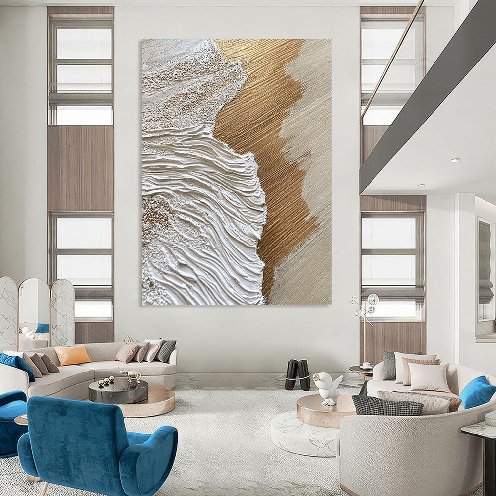 Gold and White Textured Waves Abstract Painting with Luxurious Vibes GAB0069