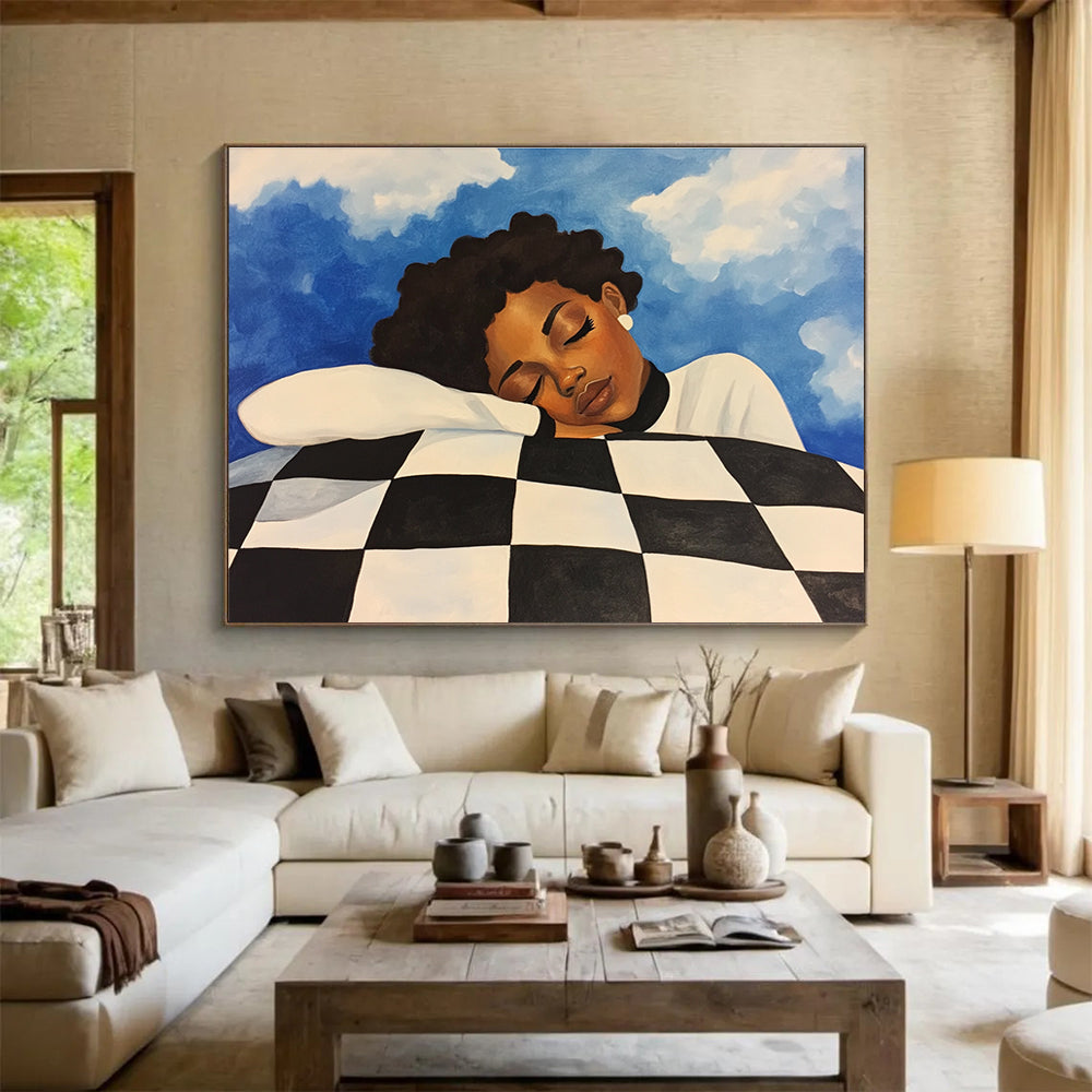 Dreaming Figure on Checkered Pillow Abstract Painting with Calm Intimate Vibe ABS561