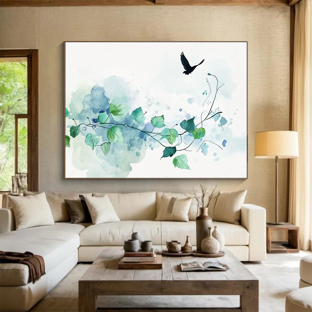 Watercolor Vine and Bird: Serene Nature’s Simplicity Abstract Painting ABS159