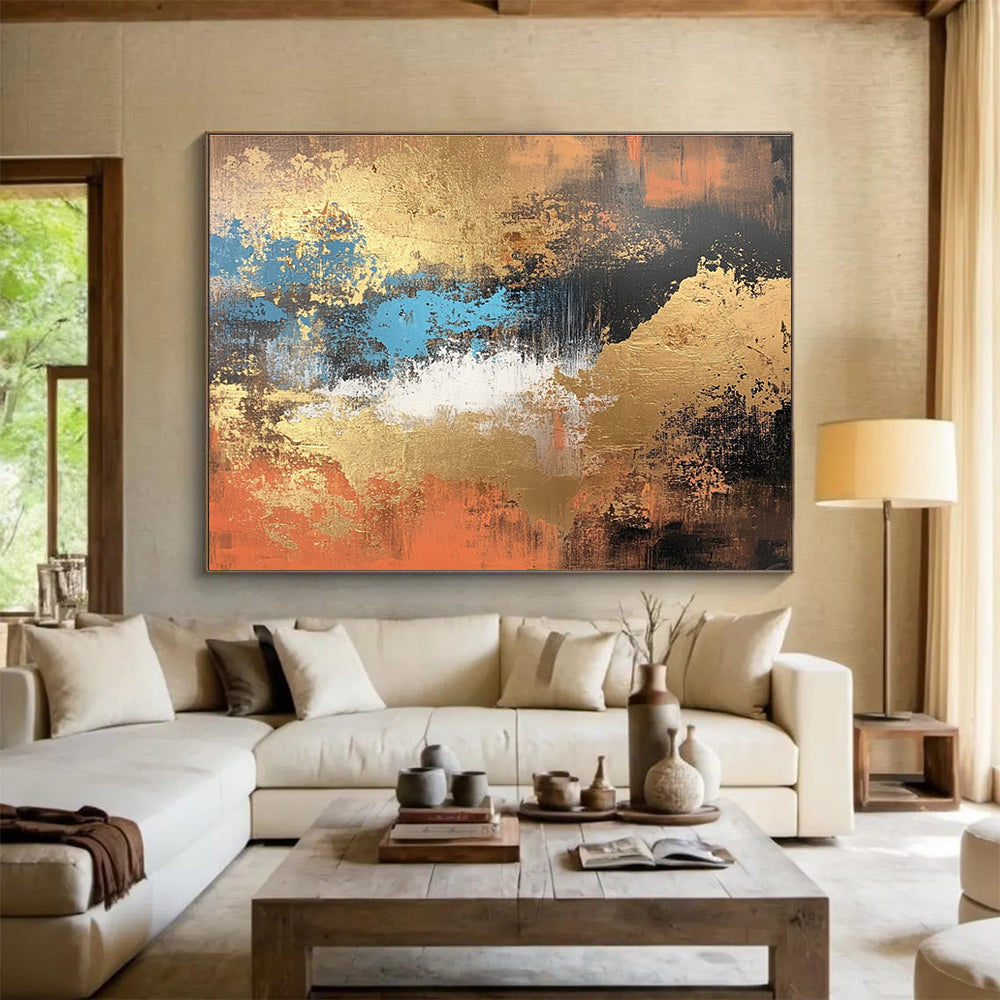 Gold - Blue Abstract Painting with Textured Brushstrokes ABS251