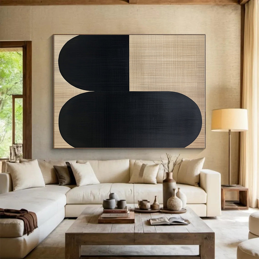 Beige and Black Abstract Painting with Minimalist Forms WINK838