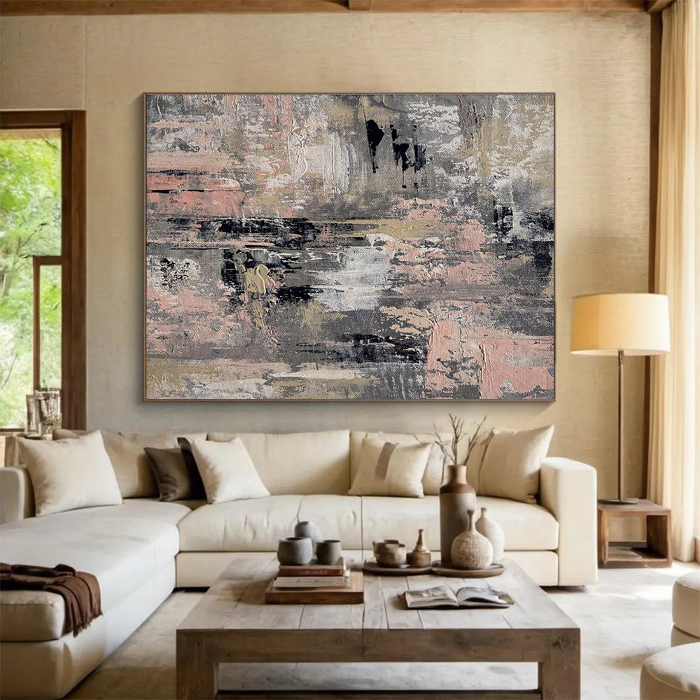 Gray - Pink Abstract Textures Painting for Minimalist Living Rooms YHT380
