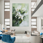 White Flowers on Green Abstract Painting for Elegant Tea Rooms GAB0830