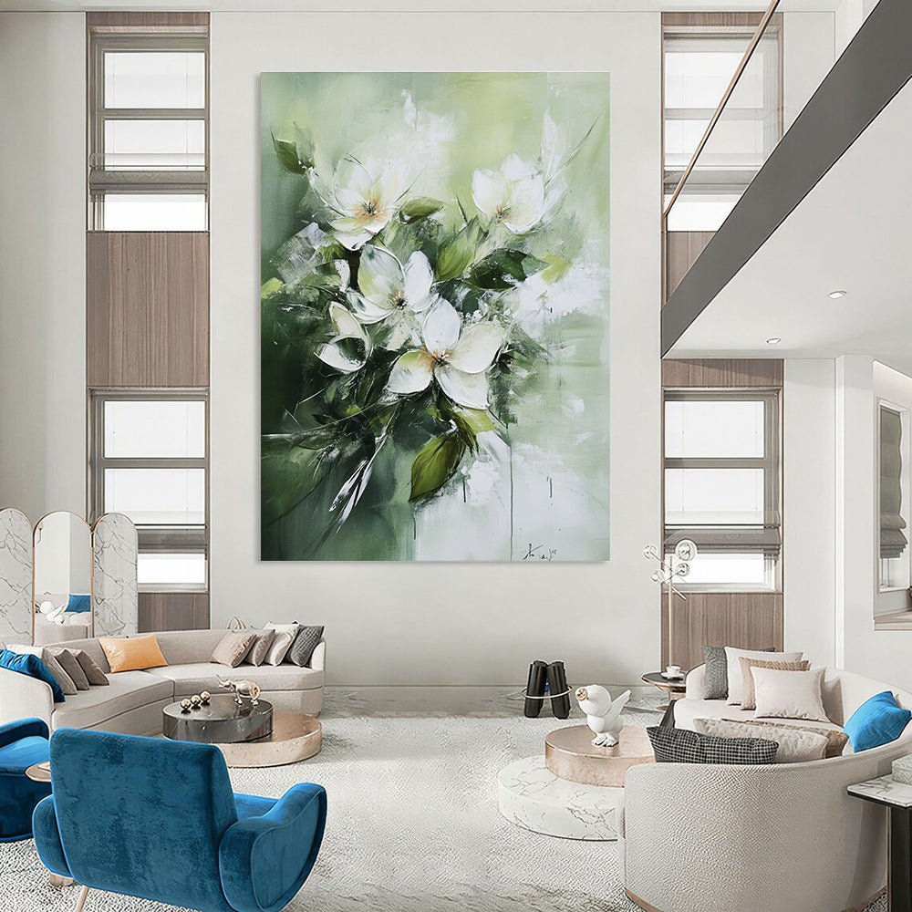 White Flowers on Green Abstract Painting for Elegant Tea Rooms GAB0830