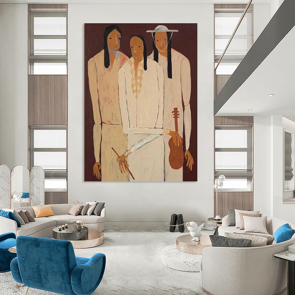 Three Figures in Traditional Attire Abstract Painting for Cultural Heritage Spaces HENG141