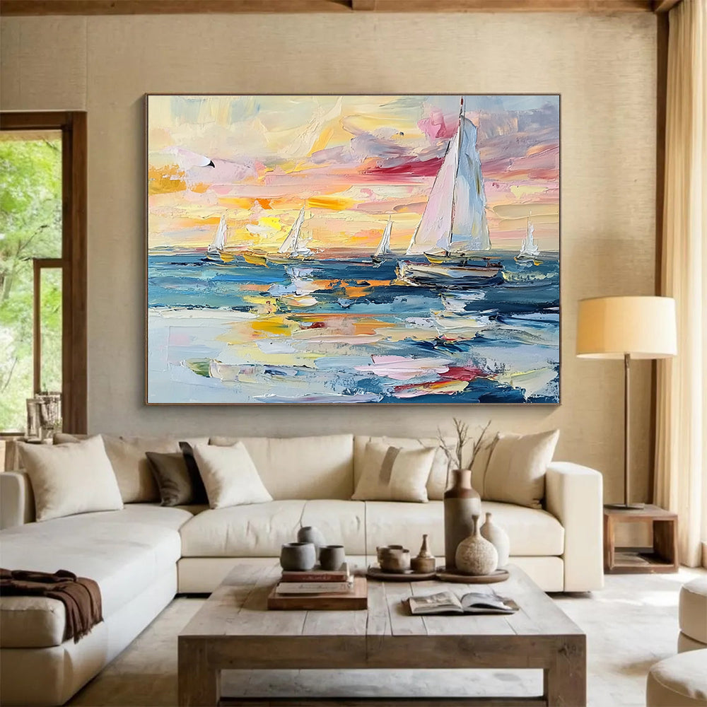 Sailboats at Colorful Sunset Abstract Painting with Vibrant Dusk Hues ABS603