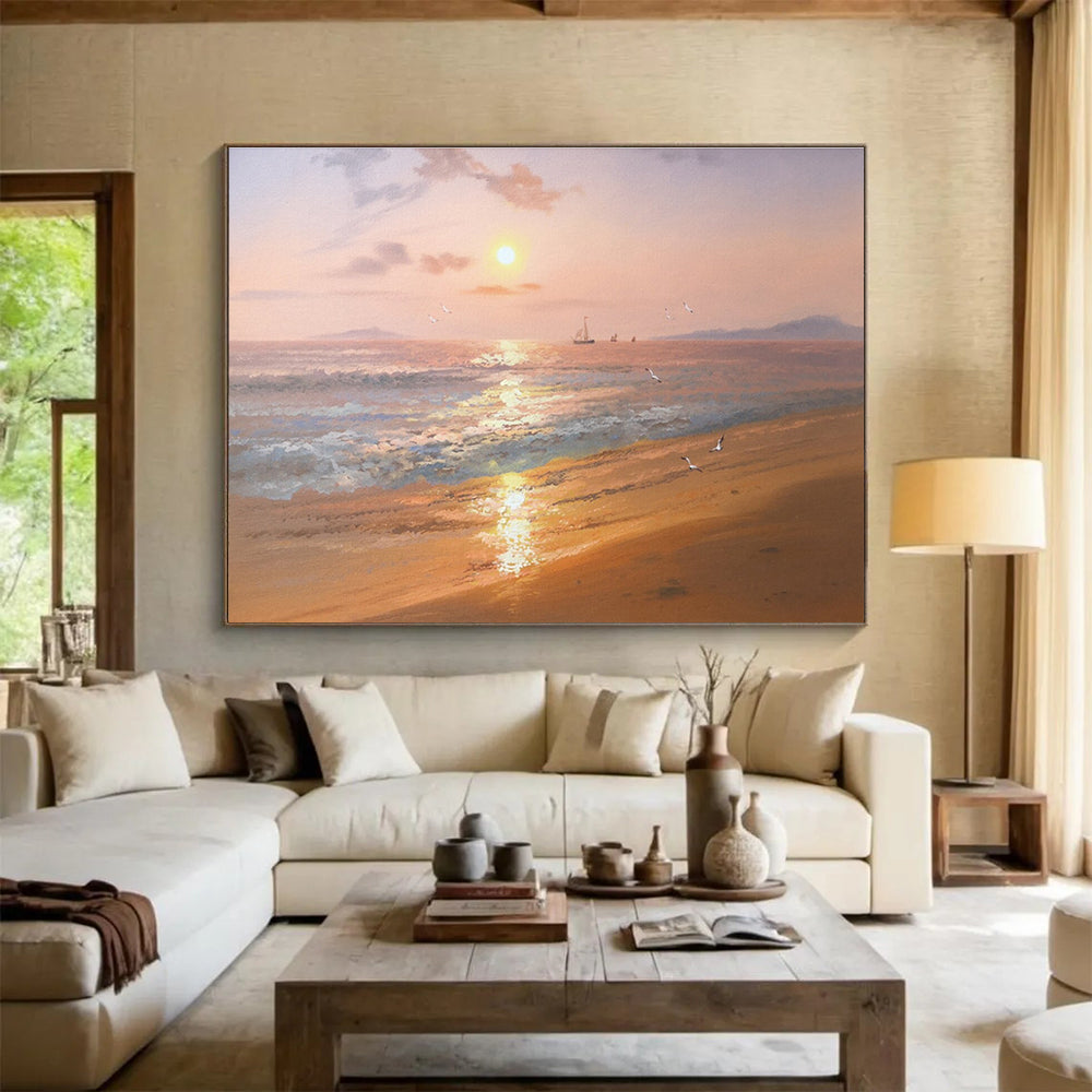 Beach Sunset with Birds and Boats Abstract Painting for Coastal Resort Lobbies YHT271